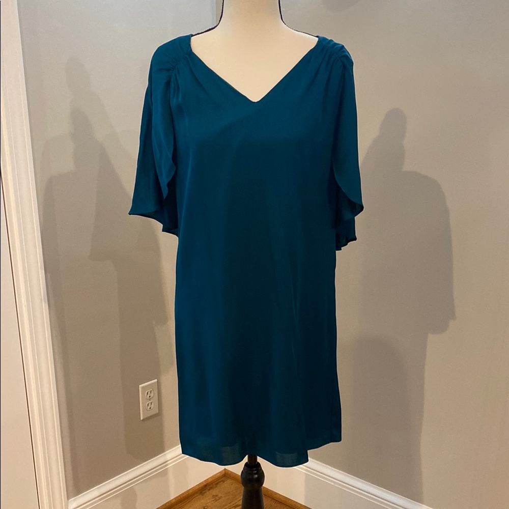 NWT MILLY size 2 cape back sheath silk v neck a line mini dress peacock party